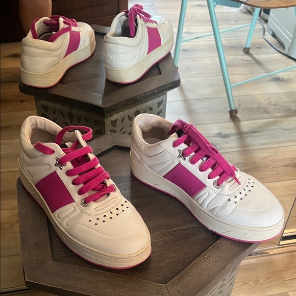🛑 1 hour sale. Jimmy Choo, size 38 EU Hawaii Leather Strip Pink/ White Athletic - Picture 13 of 16